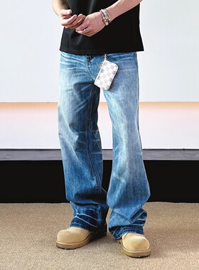 SWAG原创水洗浅蓝色猫须微喇cleanfit牛仔裤男女宽松直筒拖地裤子
