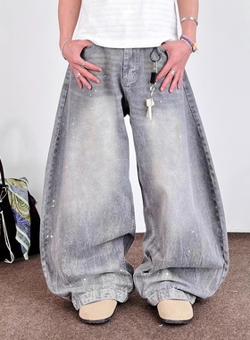 SWAG美式复古泼墨水洗灰色阔脚猫须牛仔裤男女宽松阔腿弯刀休闲裤