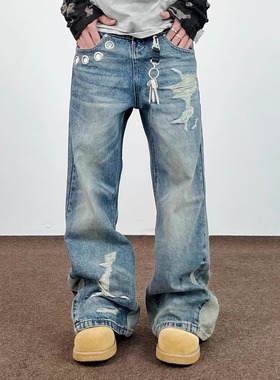 SWAG美式刀割环扣双腰头破洞微喇牛仔裤男女直筒cleanfit微喇裤子