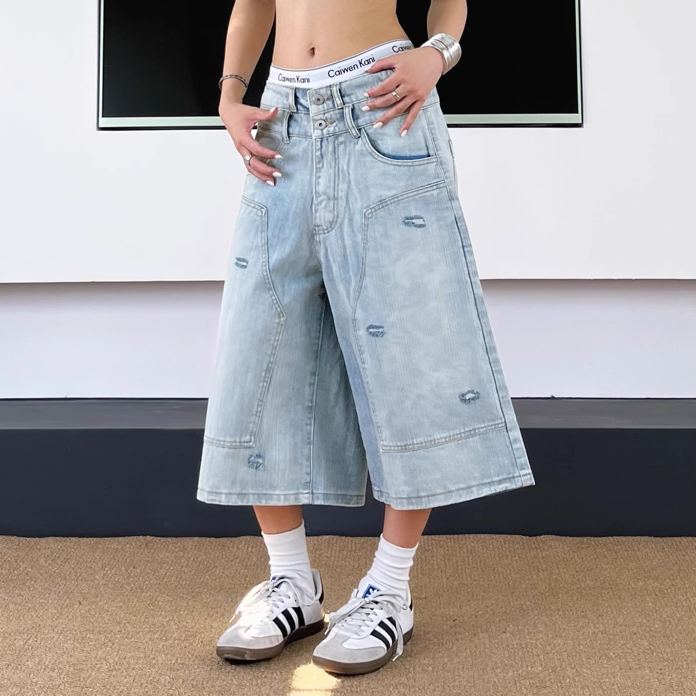 SWAG美式复古双腰头破洞牛仔短裤