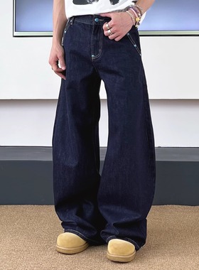 SWAG丹宁原牛赤耳绿松石撞钉弯刀cleanfit牛仔裤男女宽松直筒裤子