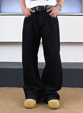 SWAG丹宁原牛深蓝色复古缉明线宽松牛仔裤男高街直筒Cleanfit裤子