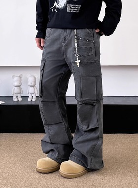 SWAG灰色酵素洗重工铆钉工装裤多口袋褶皱剪裁直筒设计感牛仔裤男