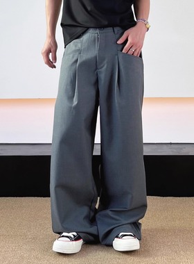 SWAG高级感灰色剪裁褶皱休闲裤男女宽松阔腿拖地垂感cleanfit西裤