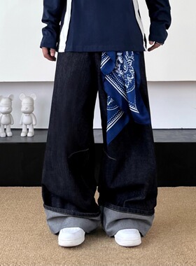 SWAG方巾翻边设计cleanfit牛仔裤男女松紧腰阔腿显瘦黑色原牛裤子