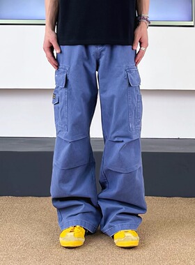 SWAG蓝色多口袋破坏法工裤工装裤男女美式Baggy阔腿宽松休闲裤子
