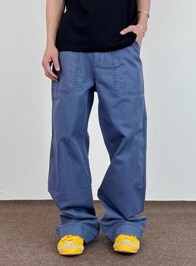 SWAG美式蓝色法工裤男女宽松直筒微喇拖地休闲cleanfit工装牛仔裤