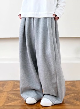 SWAG美式简约双褶叠感灰色慵懒休闲裤松紧腰厚款宽松垂感阔腿卫裤