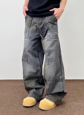 SWAG重工磨破泼墨拼接工装伐木裤男女宽松直筒水洗做旧牛仔长裤子