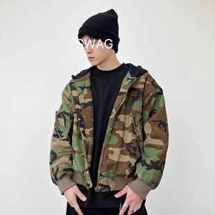 SWAG美式复古做旧水洗Boomber迷彩连帽夹克棉服短宽cleanfit外套