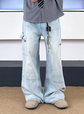SWAG美式复古水洗蓝拼接剪裁伐木工装裤男女宽松阔腿直筒牛仔裤子