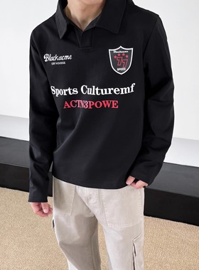 SWAG潮牌早秋cleanfit长袖T恤男女休闲美式复古球队运动V领POLO衫