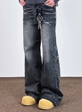 SWAG美式猫须闪电纹黑色牛仔裤男女宽松显瘦cleanfit微喇盖脚裤子