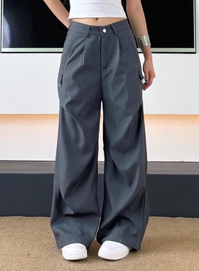 SWAG美式褶皱松弛感灰色西裤宽松垂感阔腿拖地cleanfit微喇休闲裤