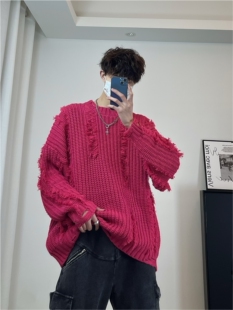 AYSD 秋冬复古麻花散边破洞纯色圆领套头针织衫男女慵懒宽松毛衣