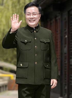 军绿色中山装男中老年爸爸装秋冬加绒老人上衣爷爷外套老式中山服