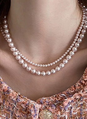 4mm+8mm曼塔玫瑰色施家珍珠八字扣双层珍珠项链XLA405