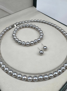 8-9mm铂金灰元宝扣珍珠项链赠手链耳钉TZB612