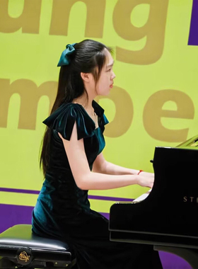 大童礼服端庄大气墨绿色方领吊带长款齐地礼服合唱朗诵表演礼服裙