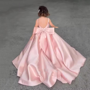 儿童礼服修身典雅露背吊带蝴蝶结大裙摆拖尾礼服主持人走秀比赛服