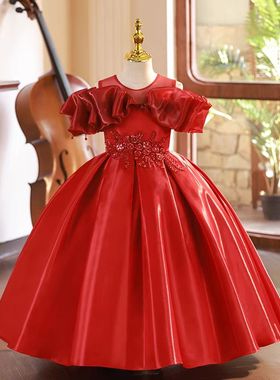 儿童礼服公主裙女童高端花童婚礼小女孩生日宴轻奢小众红色主持人