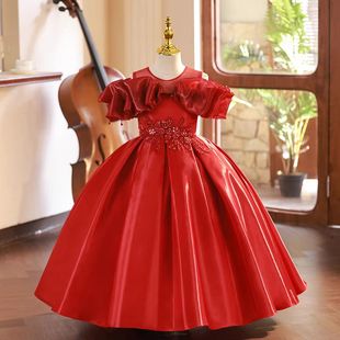 儿童礼服公主裙女童高端花童婚礼小女孩生日宴轻奢小众红色主持人