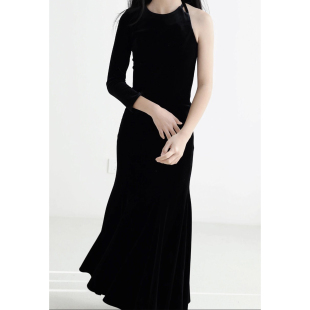 女童礼服高端优雅气质黑色单肩长袖 包臀礼服钢琴小提琴演奏主持人