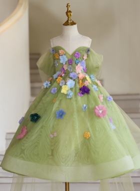 儿童礼服气质高端绿色立体贴花一字肩礼服钢琴演奏主持人舞台表演