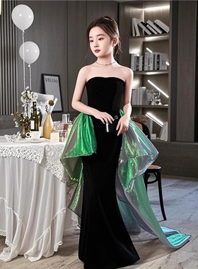 女童礼服高端气质黑色抹胸绿色纱质拖尾鱼尾裙主持人模特走秀表演