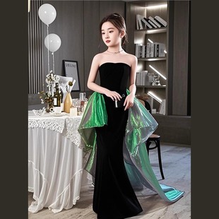 女童礼服高端气质黑色抹胸绿色纱质拖尾鱼尾裙主持人模特走秀表演