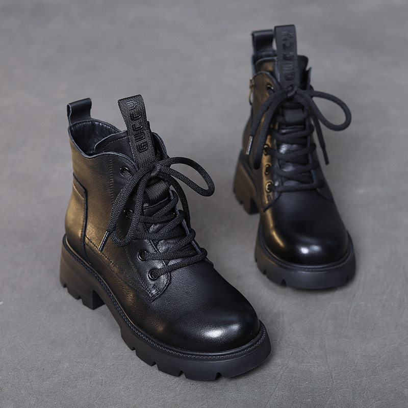 头层牛皮橡胶发泡底 单里 和加绒内里 真皮马丁靴女系带百搭