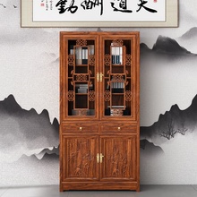 中式实木带门书柜书架新款三组合榆木展示柜玻璃书房办公室用仿古