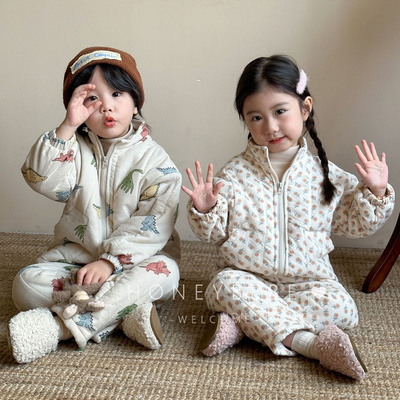 韩国ins儿童睡衣冬季男童保暖宝宝加绒三层夹棉女童家居服套装