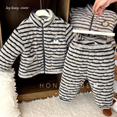 韩国ins儿童三层夹棉睡衣冬男童拉链加绒超厚保暖毛绒省服家居服