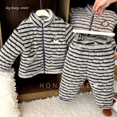 韩国ins儿童三层夹棉睡衣冬男童拉链加绒超厚保暖毛绒省服家居服