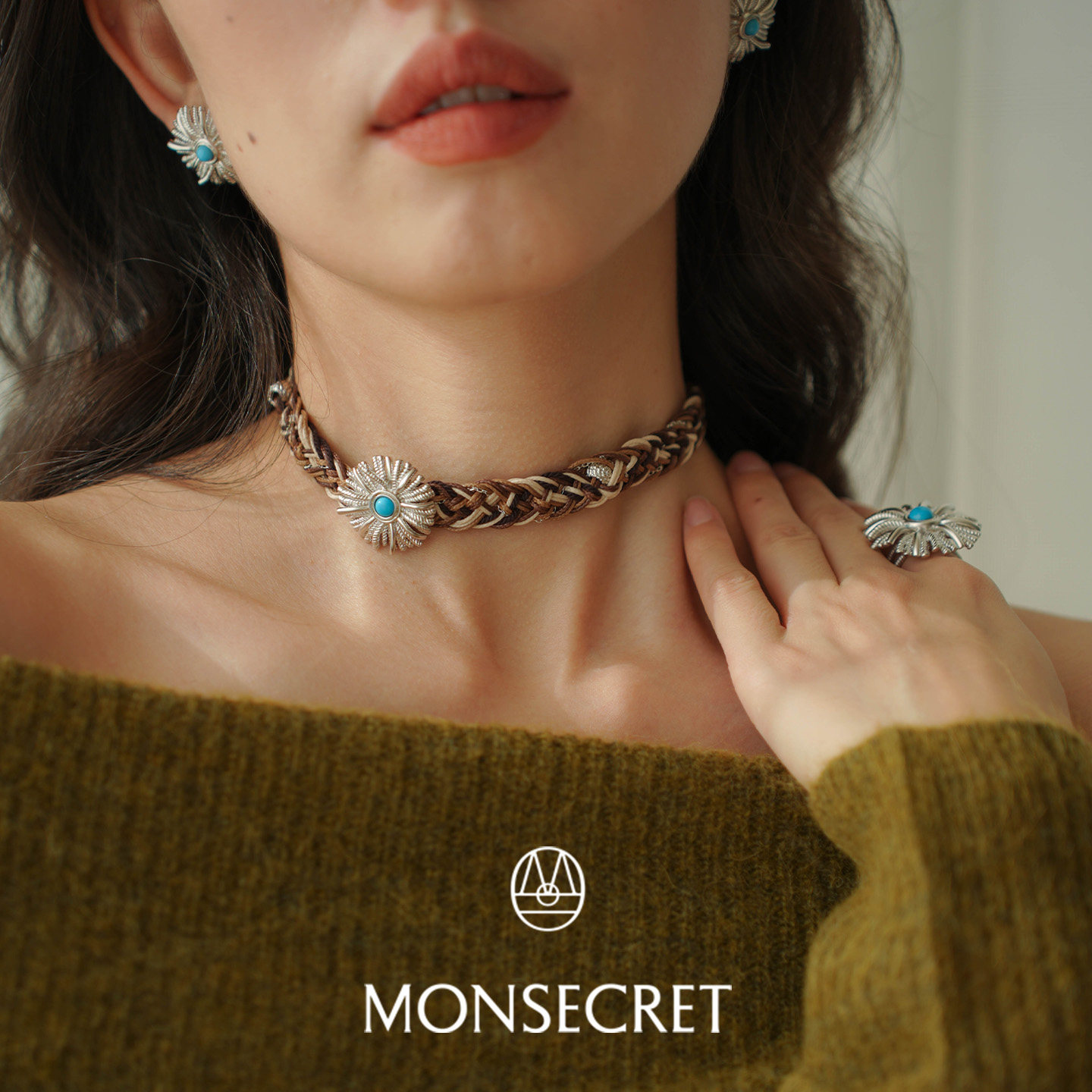 MONSECRET纽扣棕榈项圈设计感七股辫手工编织choker个性秋冬配饰