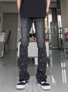 潮流满天星黑色网喇叭裤红牛仔裤镶钻新款男士铆钉微喇装饰休闲