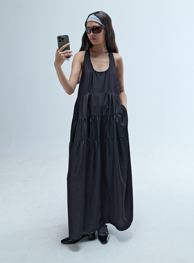 OTHERSTORE 黑郁金香 压褶黑色挂脖连衣裙女削肩百搭宽松露背裙子