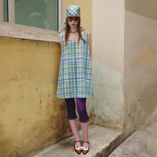 设计感格纹A字连衣裙格子短裙