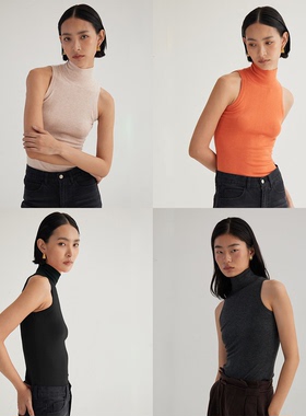 OTHERSTORE 美肩爆款 高领无袖针织背心女工字型显瘦修身黑色上衣