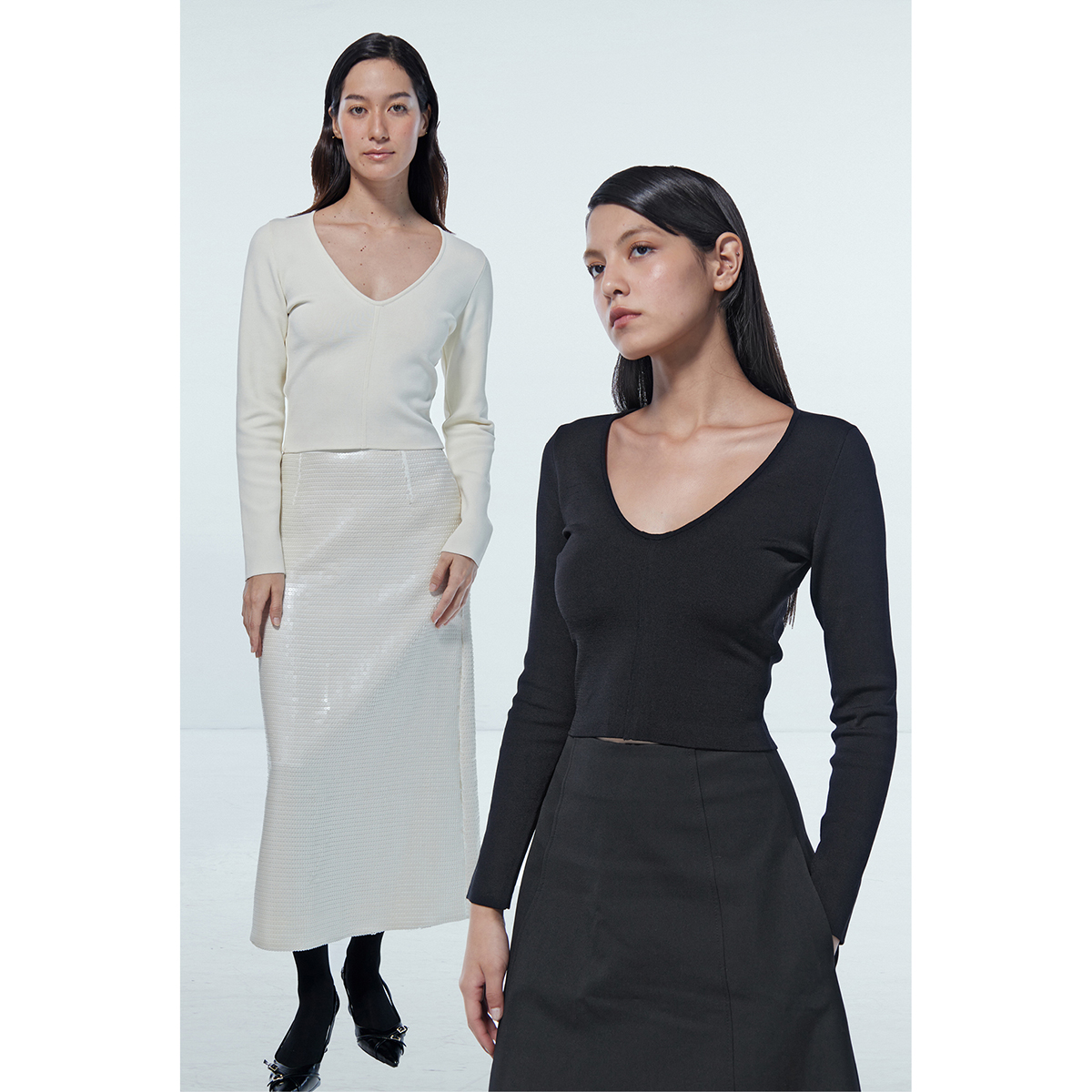 深V领两面穿套头针织衫长袖上衣