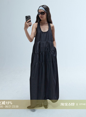 OTHERSTORE 黑郁金香 压褶黑色挂脖连衣裙女削肩百搭宽松露背裙子