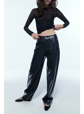 OTHERSTORE 未来女战士 微亮面黑色直筒皮裤女光泽感高腰修身裤子