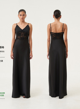 OTHERSTORE 小提琴家 黑色V领吊带连衣裙女蕾丝拼接醋酸长款裙子