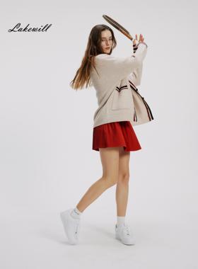 Lakewill学院风宽松复古撞色大V领羊毛针织毛衣开衫