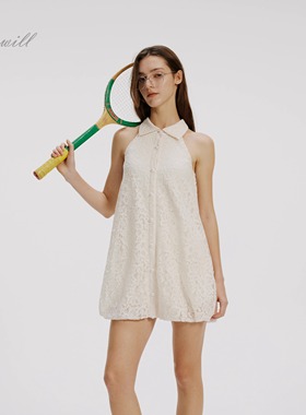 Lakewill春夏甜美挂脖运动裙网球羽毛球显瘦无袖蕾丝裙