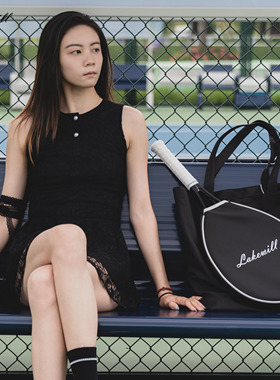 Lakewill高级感黑色蕾丝连衣裙无袖露背美式复古运动蕾丝连衣裙