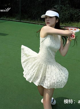 Lakewill米黄色甜美蕾丝连衣裙网球健身运动连衣裙