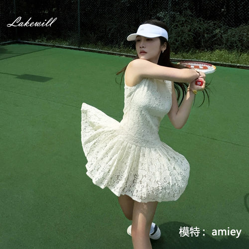 Lakewill米黄色甜美蕾丝连衣裙网球健身运动连衣裙