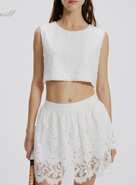 Lakewill白色蕾丝无袖背心法式复古甜美蕾丝半裙套装